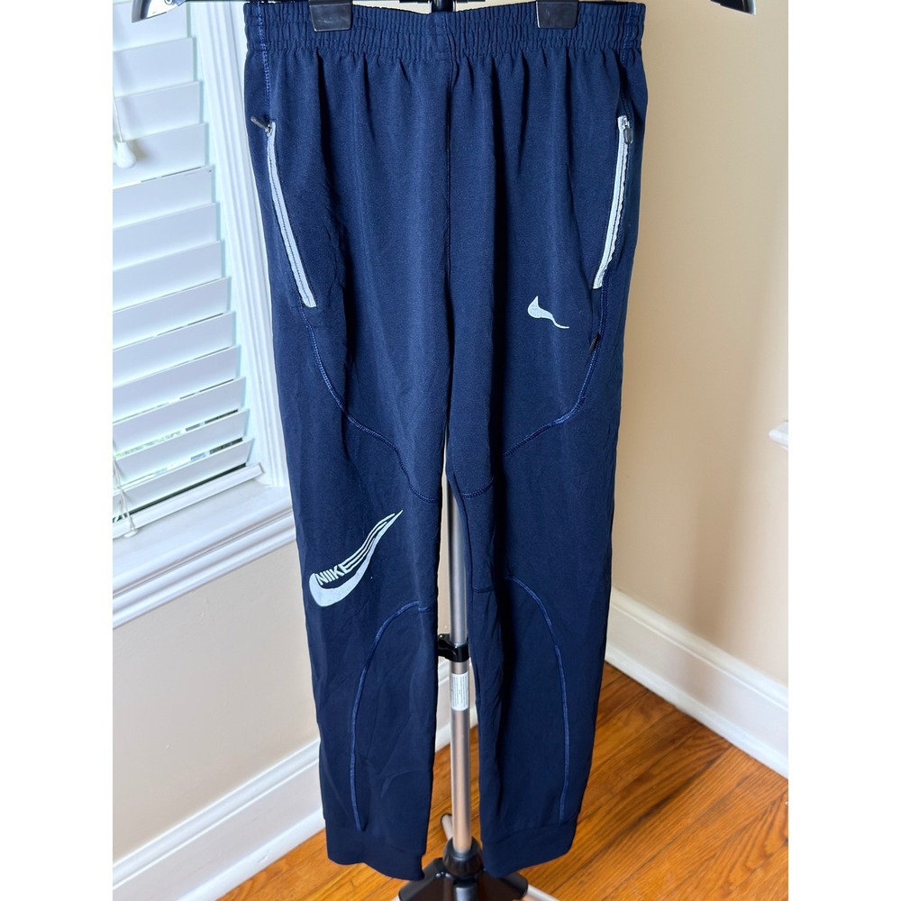 Nike Youth Track Pants Navy Large Swoosh Graphic Zip Pockets Y2K Style 27"